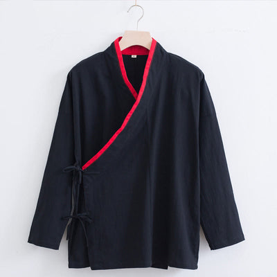 Buddha Stones Vintage Solid Long Sleeve Lace-up Design Cotton Linen Men's Shirt - Black - US/UK/AU44，EU54 (4XL) - image 12