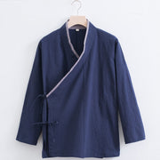 Foviel Vintage Solid Long Sleeve Lace-up Design Cotton Linen Men's Shirt