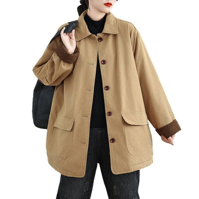Buddha Stones Plain Lapel Buttons Design Women's Long Sleeve Quilted Cotton Jacket With Pockets - image 11