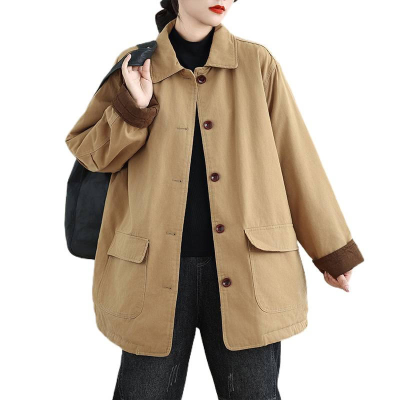 Buddha Stones Plain Lapel Buttons Design Women's Long Sleeve Quilted Cotton Jacket With Pockets - image 11