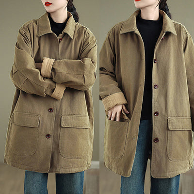 Buddha Stones Plain Lapel Buttons Design Women's Long Sleeve Quilted Cotton Jacket With Pockets - image 19