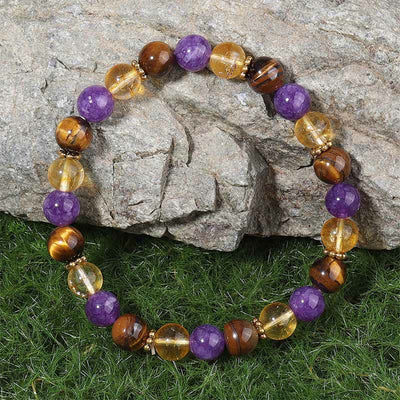 Buddha Stones Amethyst Tiger Eye Citrine Spacer Beads Healing Bracelet - image 1