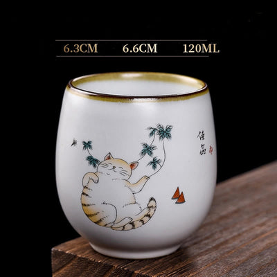 Buddha Stones Cute Lying Cat Branches Teacup Kung Fu Tea Cup - Lying Cat & Leaves 6.3cm*6.6cm*120ml - image 12