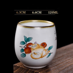 Buddha Stones Cute Lying Cat Branches Teacup Kung Fu Tea Cup - Lying Cat & Branches 6.3cm*6.6cm*120ml - image 0