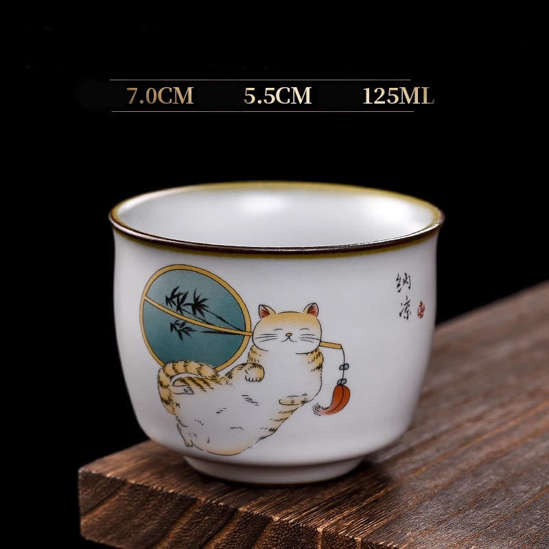 Buddha Stones Cute Lying Cat Branches Teacup Kung Fu Tea Cup - Lying Cat & Fan 7cm*5.5cm*125ml - image 18