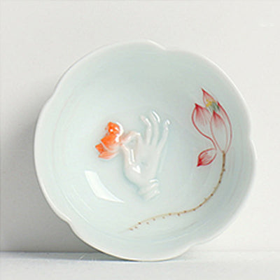 Buddha Stones Koi Fish Lotus Hand Teacup Kung Fu Tea Cup - Red Lotus & Hand 8.8cm*3cm*3.5cm - image 4