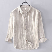 Foviel Men's Shirt Solid Color Lapel Top Long Sleeve Comfy Button Crease Cotton Linen Shirt