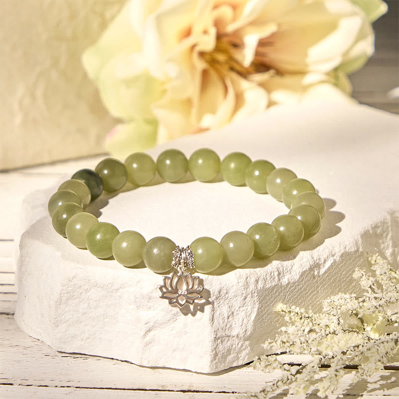 Buddha Stones 925 Sterling Silver Lotus Natural Cyan Jade Luck Bracelet - image 1