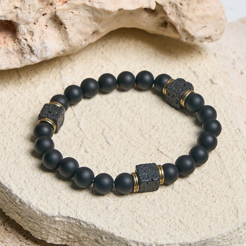 Buddha Stones Natural Frosted Black Onyx Square Lava Rock Fortune Bracelet - image 1