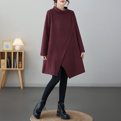 Buddha Stones Winter Irregular Hem Design Mock Neck Cotton Long Sleeve Midi Dress With Pockets - image 5