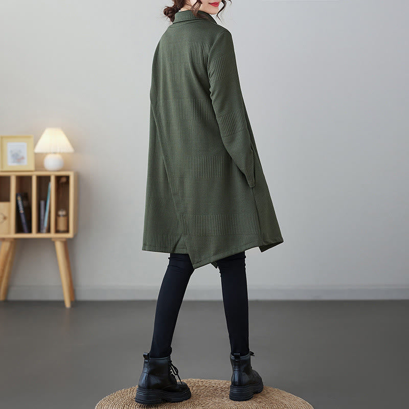Buddha Stones Winter Irregular Hem Design Mock Neck Cotton Long Sleeve Midi Dress With Pockets - image 1