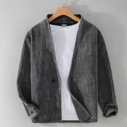 Foviel Commute V-neck Simple Ribbed Texture Design Long Sleeve Men's Jacket