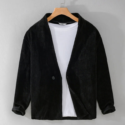 Buddha Stones Commute V-neck Simple Ribbed Texture Design Long Sleeve Men's Jacket - image 14