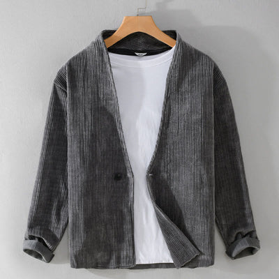 Buddha Stones Commute V-neck Simple Ribbed Texture Design Long Sleeve Men's Jacket - image 1