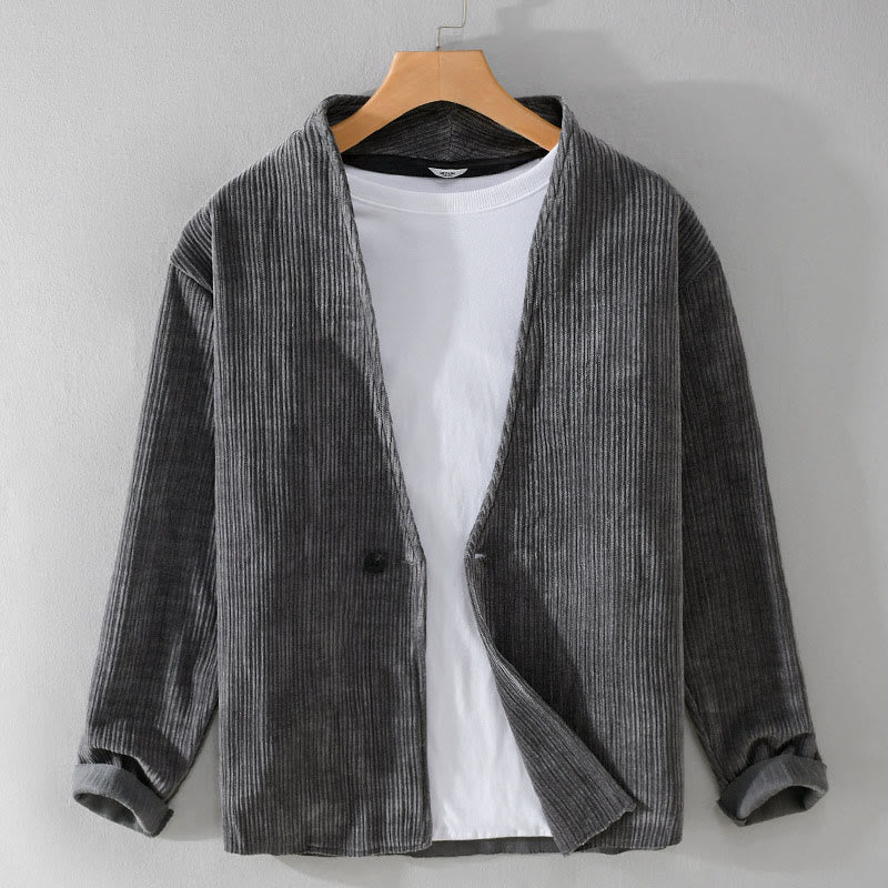 Buddha Stones Commute V-neck Simple Ribbed Texture Design Long Sleeve Men's Jacket - image 1