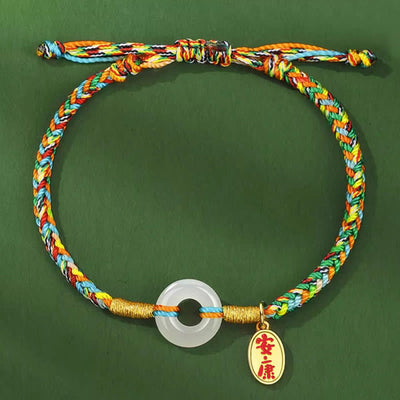 Buddha Stones Handmade Peace Buckle Jade Prosperity 925 Sterling Silver Colorful Rope Bracelet - image 1