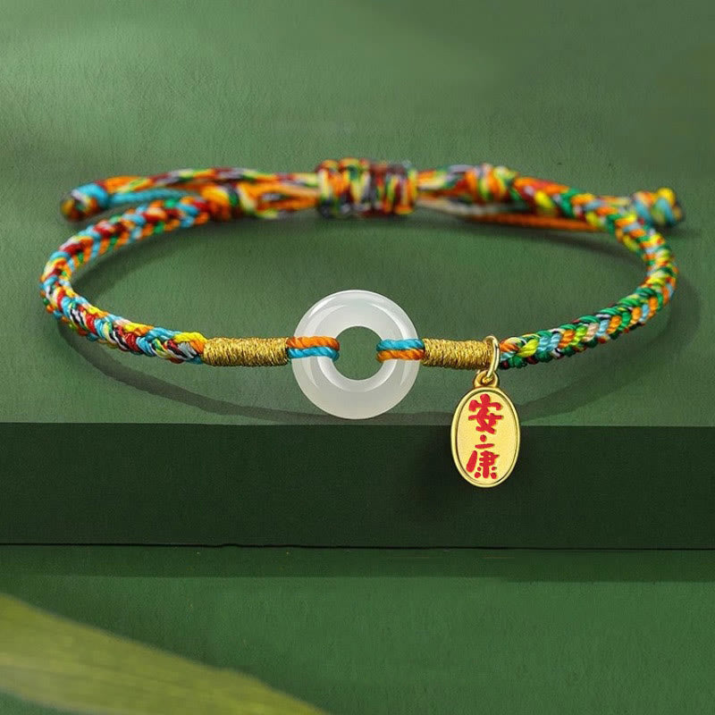 Buddha Stones Handmade Peace Buckle Jade Prosperity 925 Sterling Silver Colorful Rope Bracelet - Adult Style(Wrist Circumference 14-22cm) - image 0
