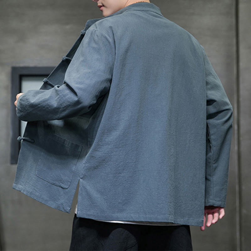 Buddha Stones Solid Color Frog-button Tang Suit Cotton Linen Men's Jacket Shirt With Pockets - image 7