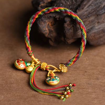 Buddha Stones Tibet Gold Swallowing Beast Family Luck Knot Braid Colorful String Bracelet - image 1