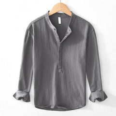 Buddha Stones Spring Fall Solid Long Sleeve Half Button Cotton Men's Shirts - Gray - US/UK/AU44，EU54 (4XL) - image 0