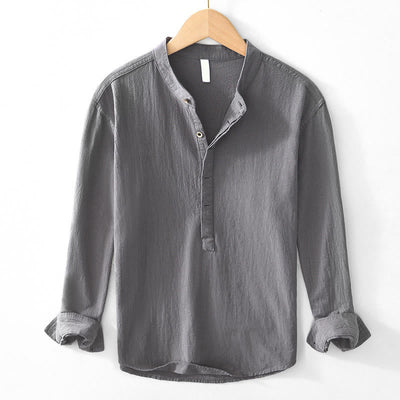 Buddha Stones Spring Fall Solid Long Sleeve Half Button Cotton Men's Shirts - Gray - US/UK/AU44，EU54 (4XL) - image 0