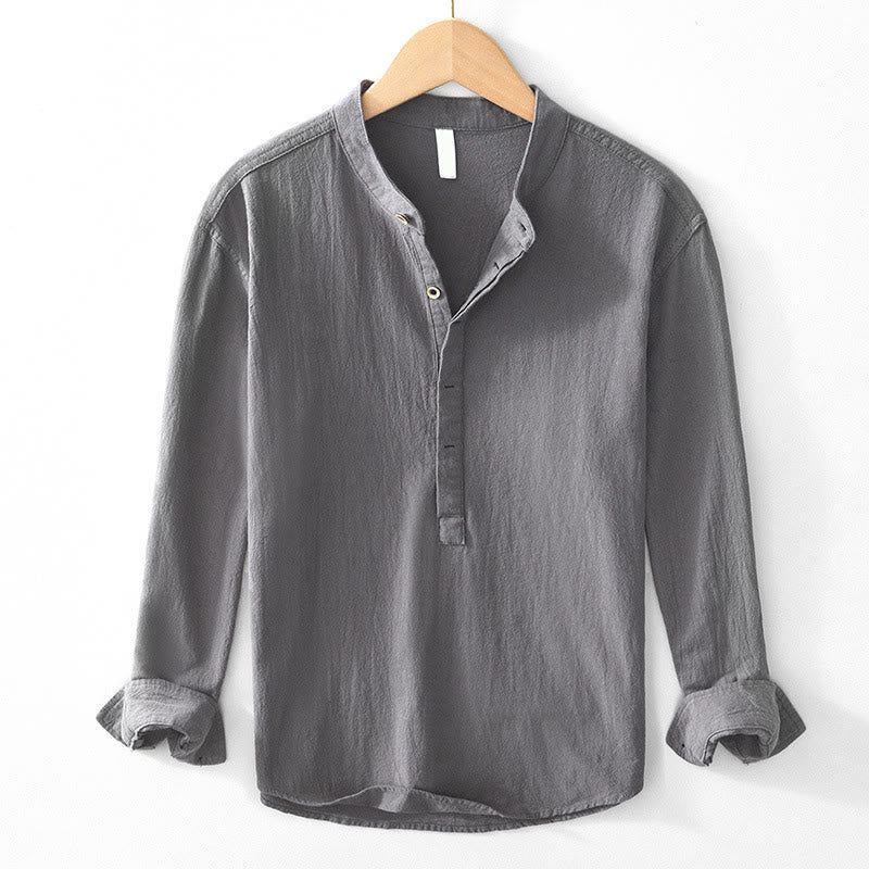 Buddha Stones Spring Fall Solid Long Sleeve Half Button Cotton Men's Shirts - Gray - US/UK/AU44，EU54 (4XL) - image 0