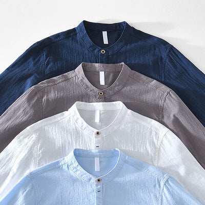 Buddha Stones Spring Fall Solid Long Sleeve Half Button Cotton Men's Shirts - image 9