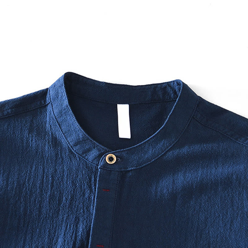 Buddha Stones Spring Fall Solid Long Sleeve Half Button Cotton Men's Shirts - image 17
