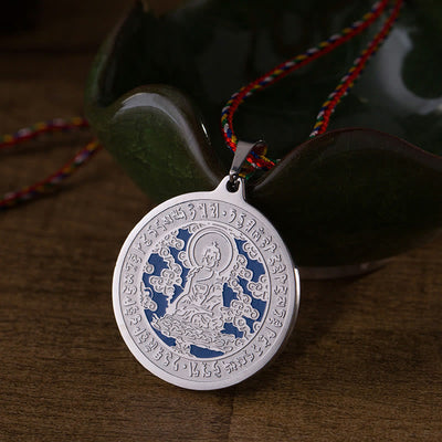 Buddha Stones Blue Medicine Buddha Heart Mantra Titanium Steel Faith Colored Rope Necklace Pendant - Silvery - image 6
