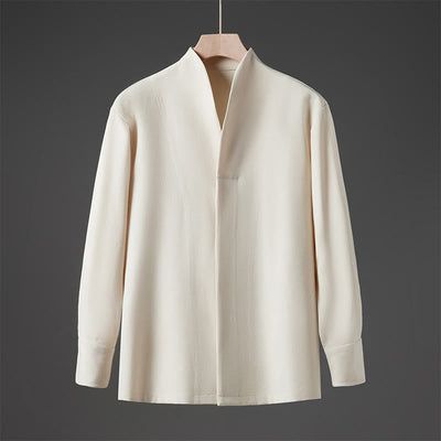 Buddha Stones Solid Fall Long Sleeve Hidden Half Button Design Men's Shirts - Beige - US/UK/AU46，EU56 (5XL) - image 0