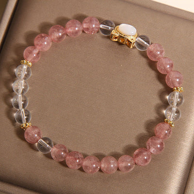 Buddha Stones Cat Natural Strawberry Quartz White Crystal Bead Healing Bracelet - image 3