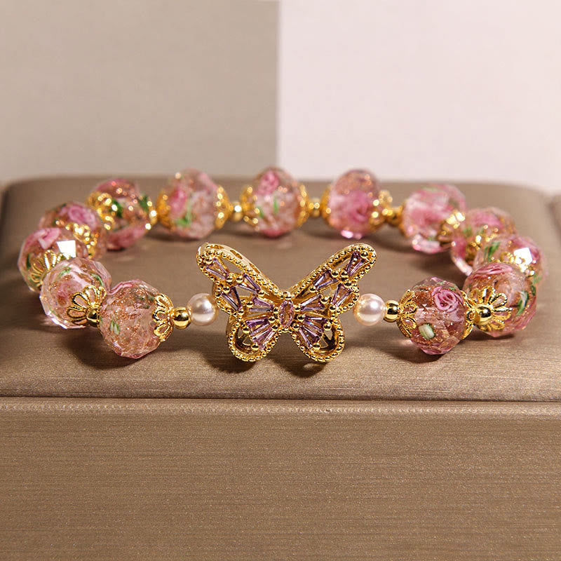 Buddha Stones Natural Butterfly Rose Design Pink Crystal Warmth Bracelet - Pink Crystal(Wrist Circumference:15-17cm) - image 0