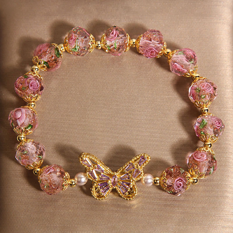 Buddha Stones Natural Butterfly Rose Design Pink Crystal Warmth Bracelet - image 2