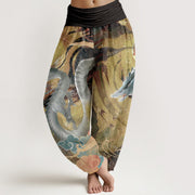 Foviel reine Baumwolle Drachen auffällige Wolken Muster Damen elastische Taille Harem Hose