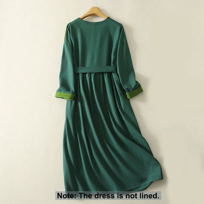 Buddha Stones Patched Color Block Desgin Cotton Women's Long Sleeve Midi Dress With Pockets - image 1