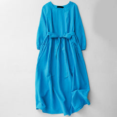 Buddha Stones Plain Long Sleeve Lace-up Desgin Women's Cotton Midi Dress With Pockets - DeepSkyBlue - US8-10，UK/AU12-14，EU40-42 (2XL) - image 0
