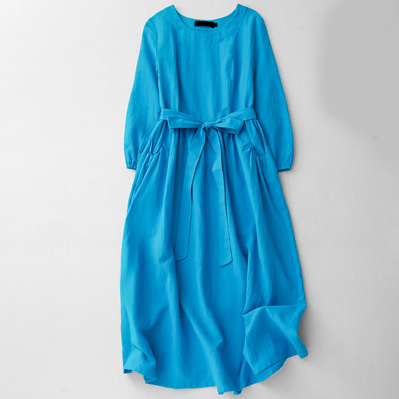 Buddha Stones Plain Long Sleeve Lace-up Desgin Women's Cotton Midi Dress With Pockets - DeepSkyBlue - US8-10，UK/AU12-14，EU40-42 (2XL) - image 0