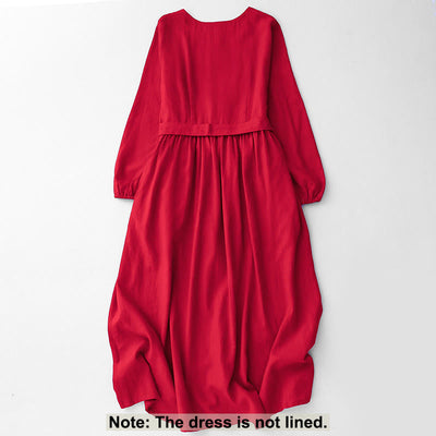 Buddha Stones Plain Long Sleeve Lace-up Desgin Women's Cotton Midi Dress With Pockets - image 12