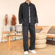 Foviel 2pcs Plain Men's Frog-button Long Sleeve Shirt Pants Cotton Corduroy Set With Pockets