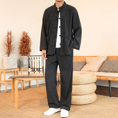 Buddha Stones 2pcs Plain Men's Frog-button Long Sleeve Shirt Pants Cotton Corduroy Set With Pockets - image 11