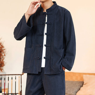 Buddha Stones 2pcs Plain Men's Frog-button Long Sleeve Shirt Pants Cotton Corduroy Set With Pockets - image 35