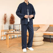 Foviel 2pcs Plain Men's Frog-button Long Sleeve Shirt Pants Cotton Corduroy Set With Pockets