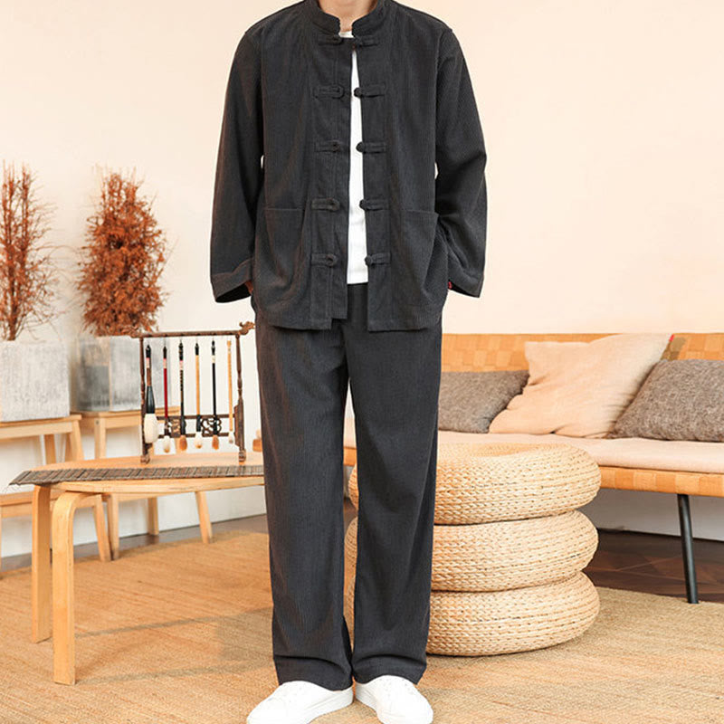 Buddha Stones 2pcs Plain Men's Frog-button Long Sleeve Shirt Pants Cotton Corduroy Set With Pockets - image 10