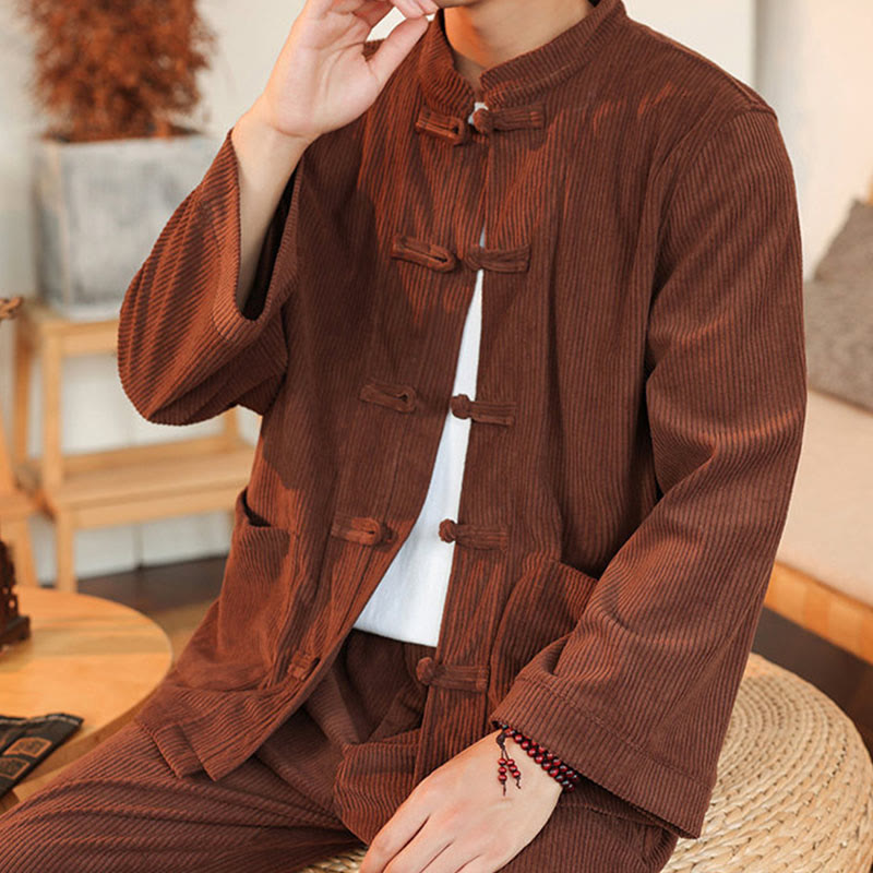 Buddha Stones 2pcs Plain Men's Frog-button Long Sleeve Shirt Pants Cotton Corduroy Set With Pockets - image 8