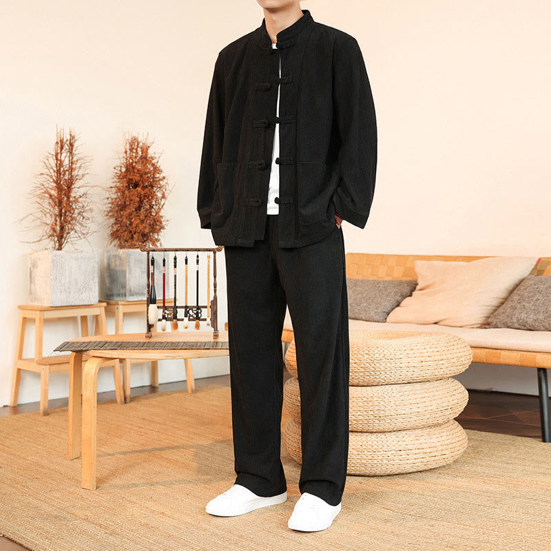 Buddha Stones 2pcs Plain Men's Frog-button Long Sleeve Shirt Pants Cotton Corduroy Set With Pockets - Black - US/UK/AU46，EU56 (5XL) - image 21