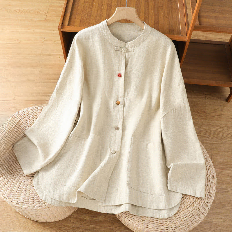 Buddha Stones Casual Frog-button Women's Long Sleeve Cotton Polyester Shirt With Pockets - Beige - US14，UK/AU18，EU46 (2XL) - image 0