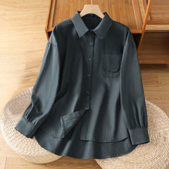 Buddha Stones Casual Women's Long Sleeve Stand Collar Cotton Shirt With Pockets - DarkSlateGray - US14，UK/AU18，EU46 (2XL) - image 0