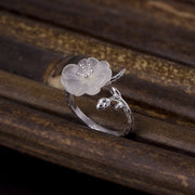 Foviel Natural White Crystal Flower 925 Sterling Silver Adjustable Healing Ring