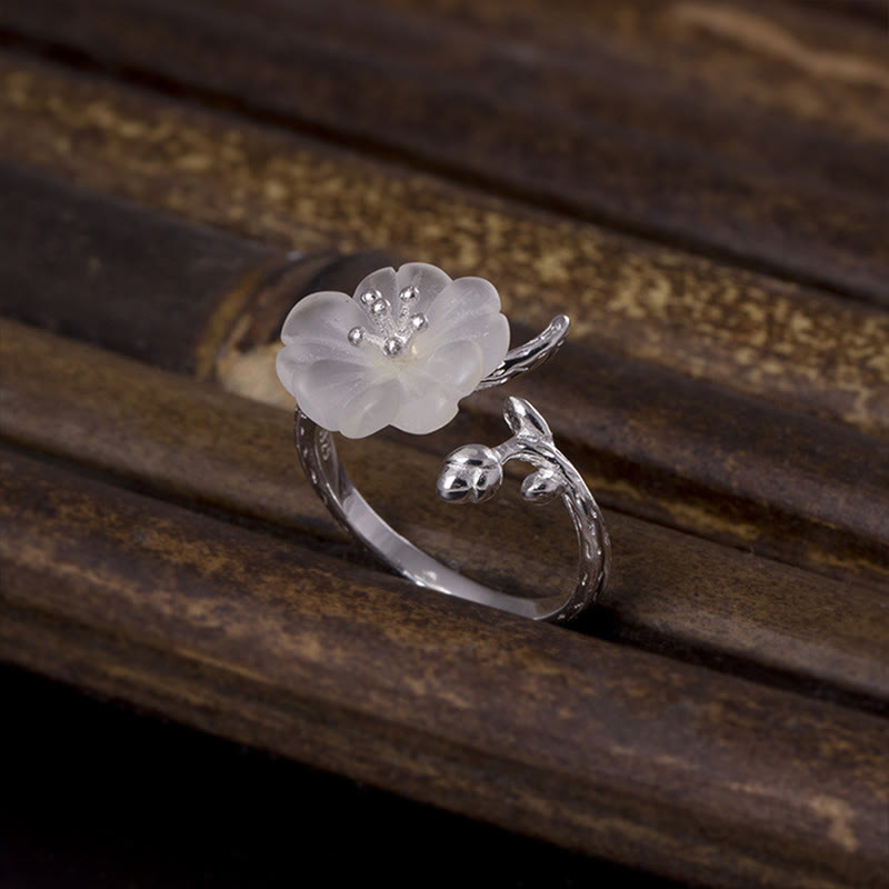 Buddha Stones Natural White Crystal Flower 925 Sterling Silver Adjustable Healing Ring - White Crystal & 925 Sterling Silver - image 0