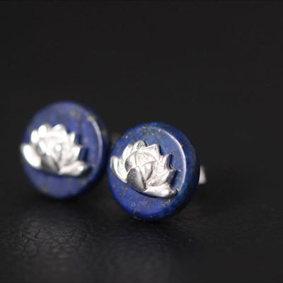 Buddha Stones Lazurite 925 Sterling Silver Lotus Pattern Enlightenment Earrings - image 1